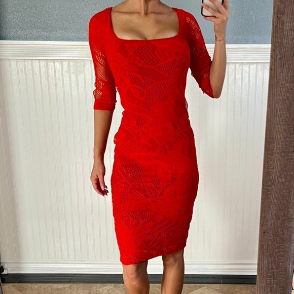 JEAN PAUL GAULTIER Fuzzi Soleil Tattoo Lace Red Dress Small - Picture 4 of 10